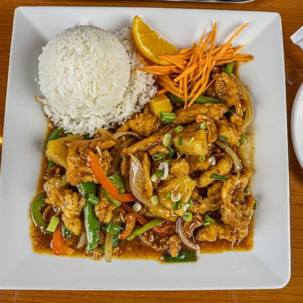 Thai Spice Lees Summit's sweet and sour chicken with rice, pineapple, and vegetables.
